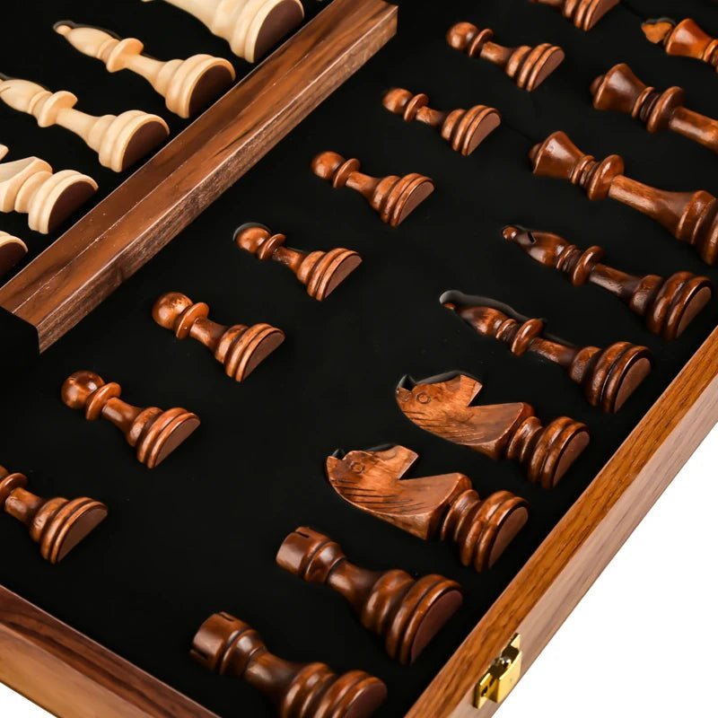 Elegant classic wooden chess set, featuring a beautiful foldable walnut board for timeless strategy games.
