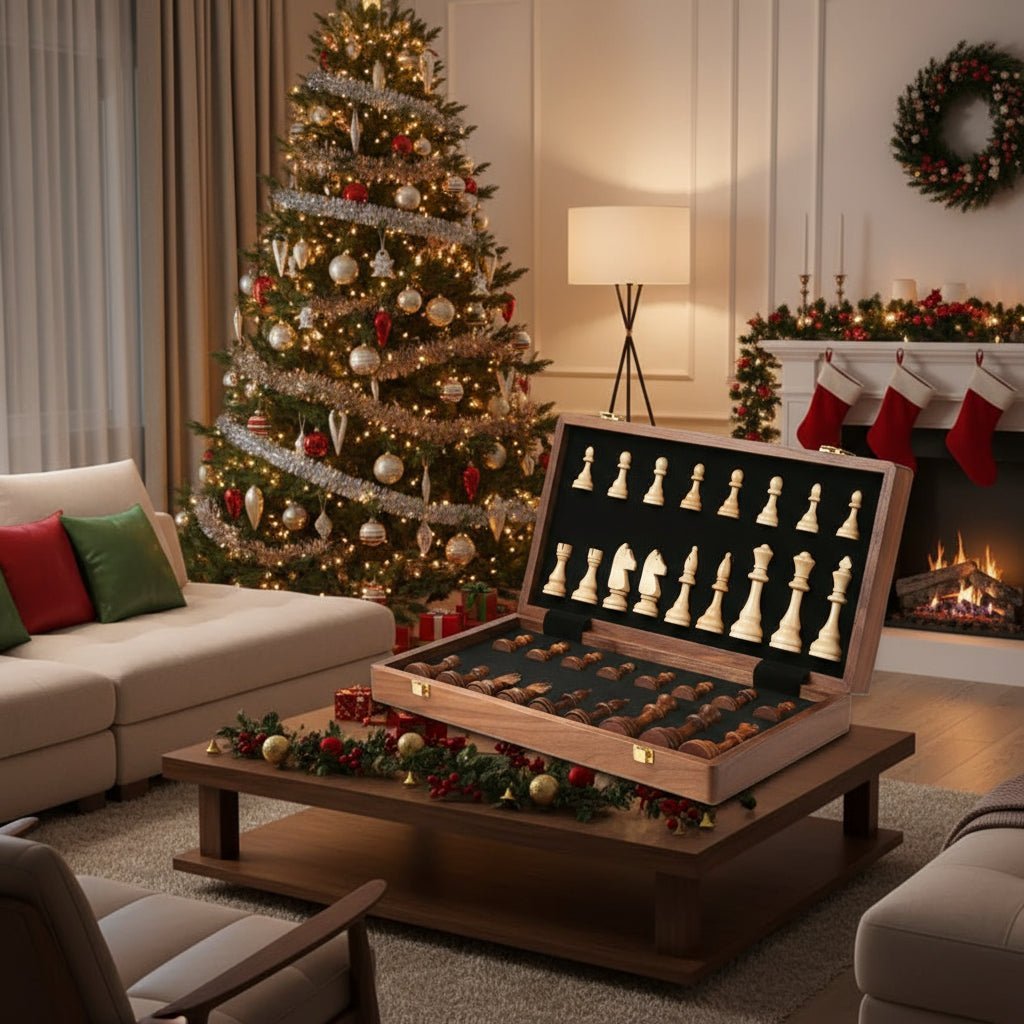 Detailed wooden chess pieces and a robust foldable walnut board for a premium strategy game experience.