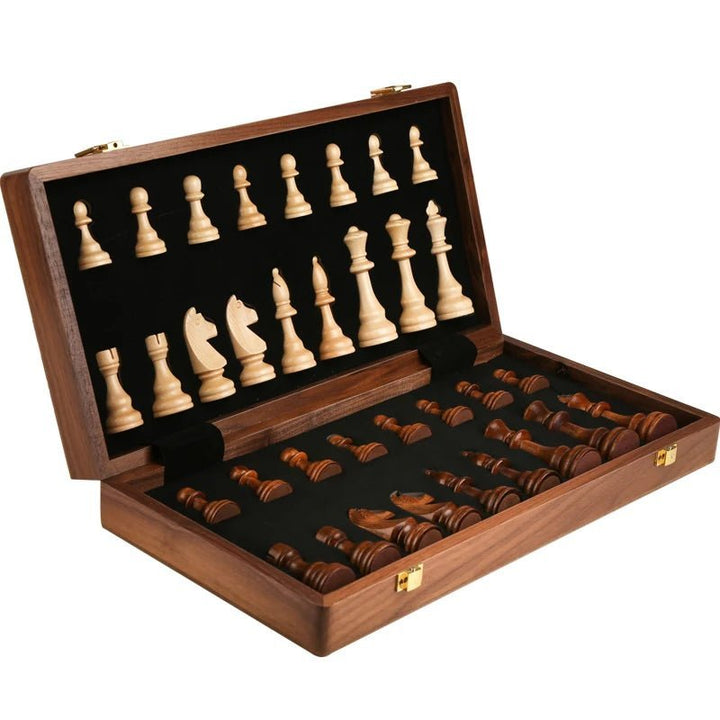 Unisex classic wooden chess set, a durable strategy board game with a sophisticated foldable walnut board.