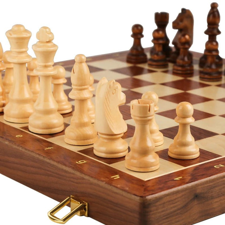 Timeless wooden chess set, complete with a foldable walnut wood board, perfect for all strategy game lovers.
