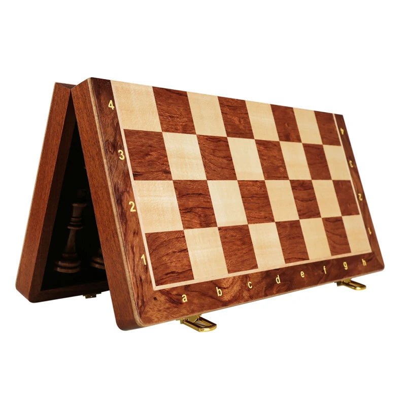 Exquisite wooden chess set, a brain-stimulating strategy game with a high-quality foldable walnut board.