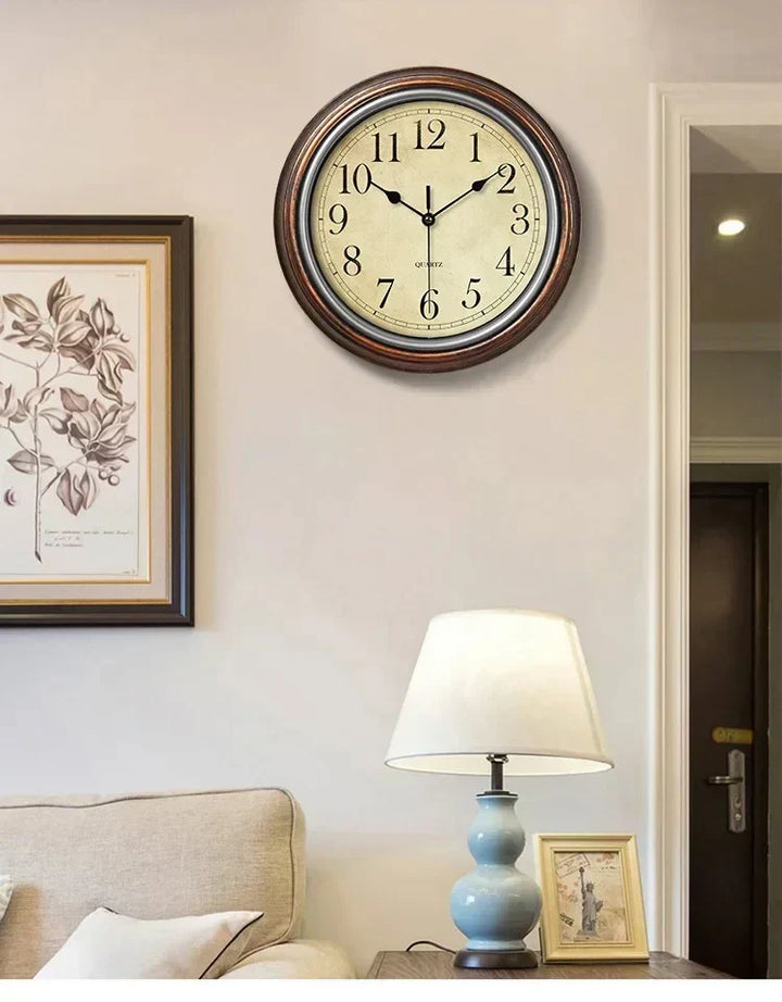 Vintage style silent wall clock. Decorative wooden clock with large, clear numbers for timeless home decor.