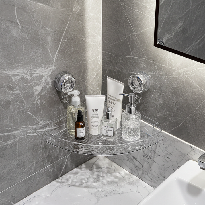 Clear no-drill wall organizer with suction cup for bathroom storage.