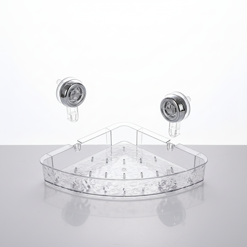 Transparent shower caddy for damp areas, easy no-drill installation.