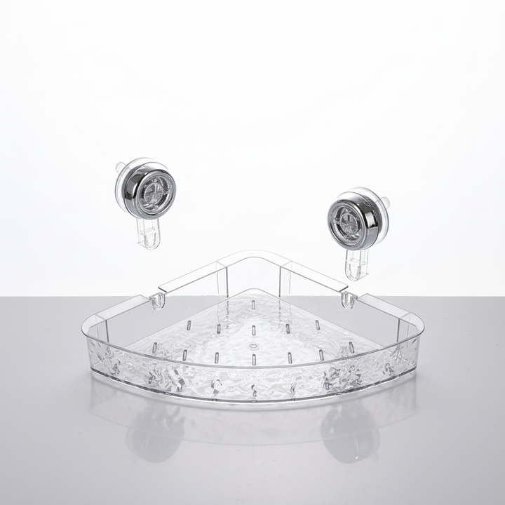 Transparent shower caddy for damp areas, easy no-drill installation.
