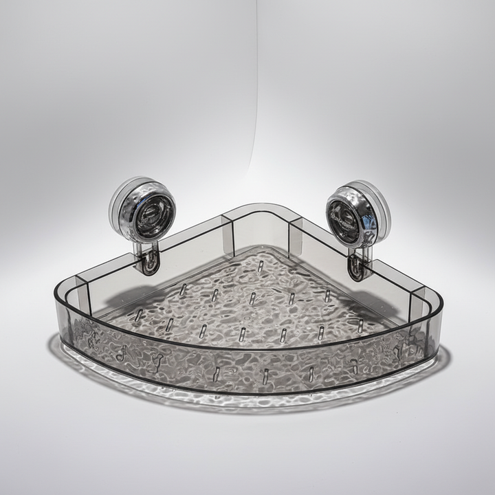 Suction cup wall organizer, transparent design perfect for bathroom and kitchen.
