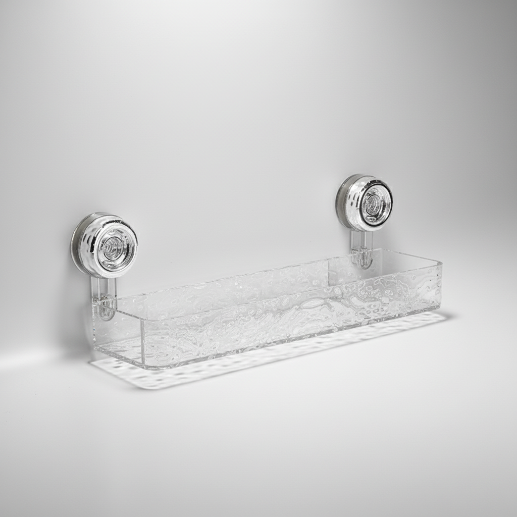 Durable clear shower caddy, no-drill installation for versatile home storage.