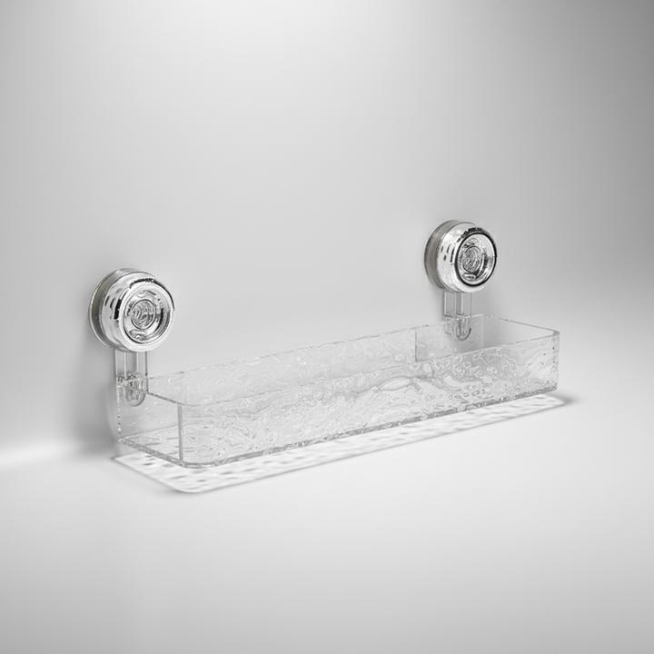 Durable clear shower caddy, no-drill installation for versatile home storage.