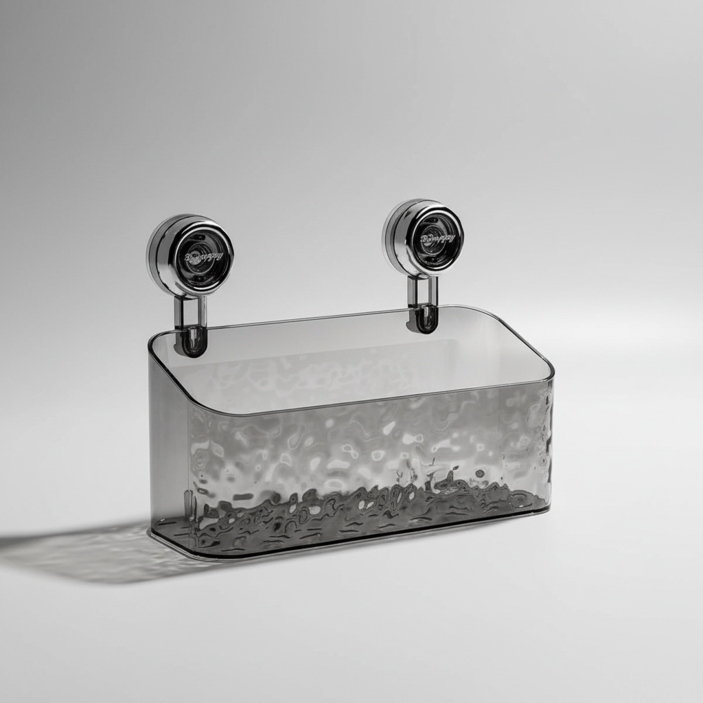 Clear no-drill kitchen & bathroom storage caddy, robust suction for easy organization.
