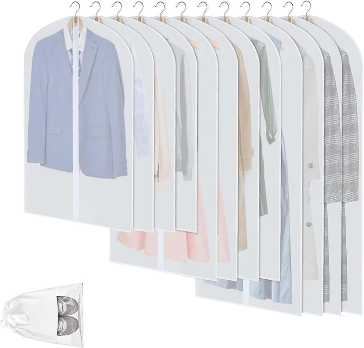 Clear PEVA garment bags, 12-pack, for clothes protection & closet organization.