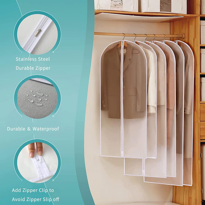 Organize your closet with 12 clear PEVA garment bags, protecting your apparel.
