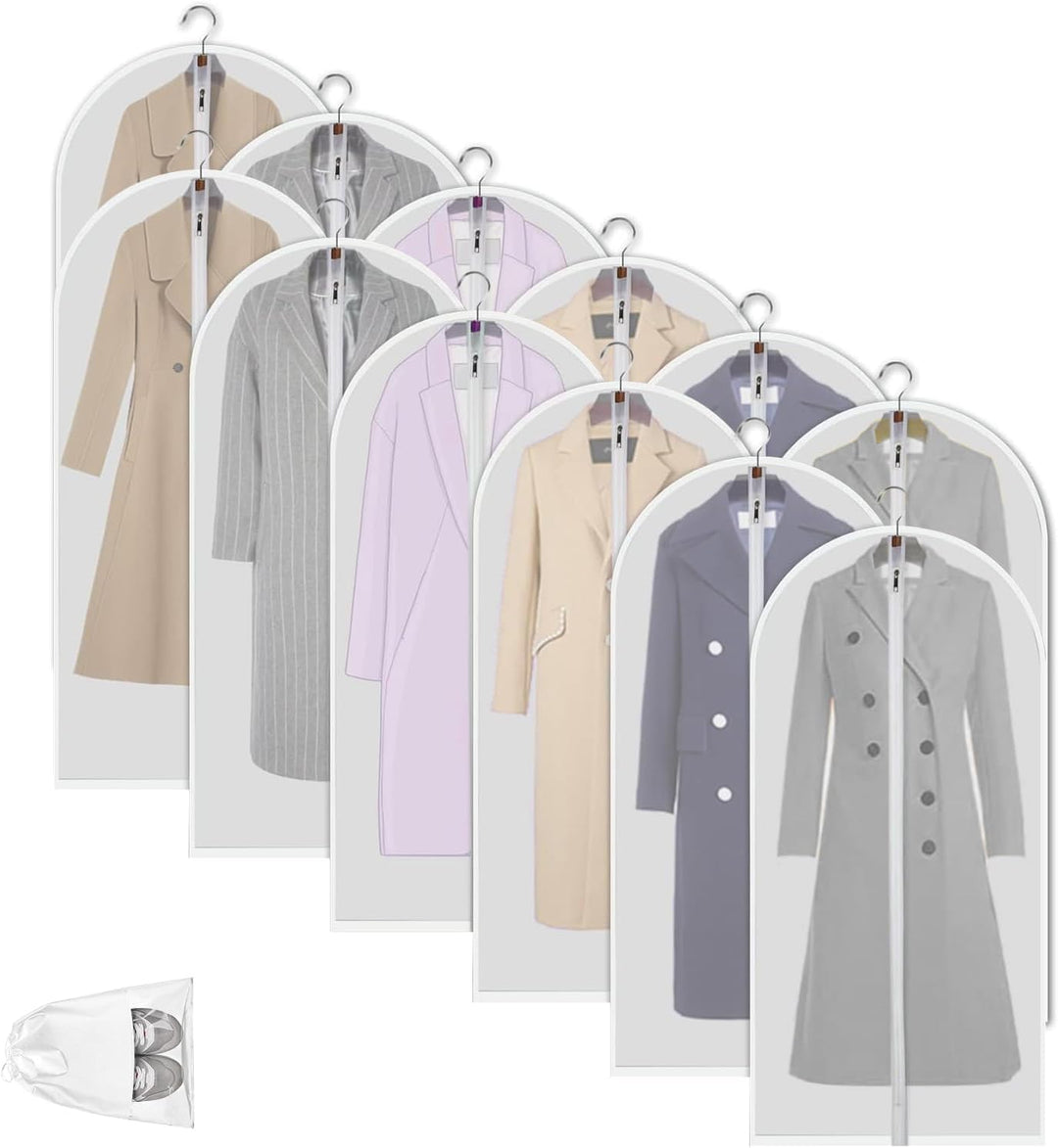 Protect clothes with 12 clear PEVA garment bags. Ideal for closet & travel storage.