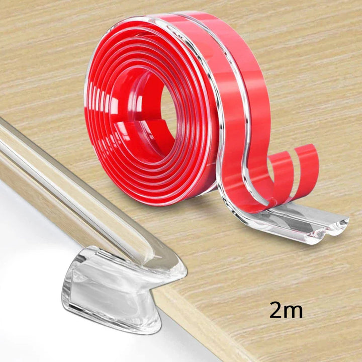 Installation view of a transparent baby safe edge guard on a coffee table, easy to apply