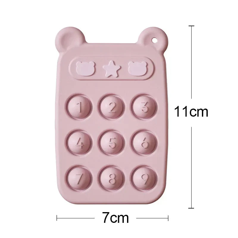 Soft, durable silicone phone teether with various textures, perfect for soothing baby's gums and fidgeting.