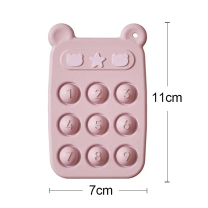 Soft, durable silicone phone teether with various textures, perfect for soothing baby's gums and fidgeting.