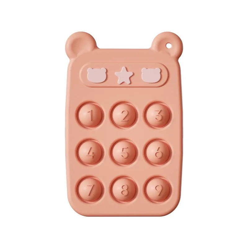 Ergonomic design of a silicone phone teether, easy for baby and toddler hands to hold and play with.