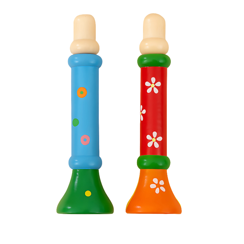 Happy child playing a wooden whistle musical toy, promoting early music education and breath control development.
