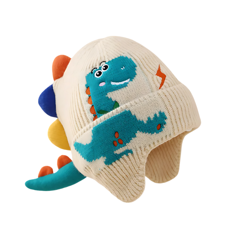 Cute children's knitted dinosaur hat in blue with orange spikes, perfect for outdoor winter play and warmth.