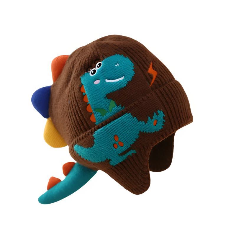 Soft wool knitted dinosaur hat with ear protection, designed for children's comfort and warmth in cold weather.
