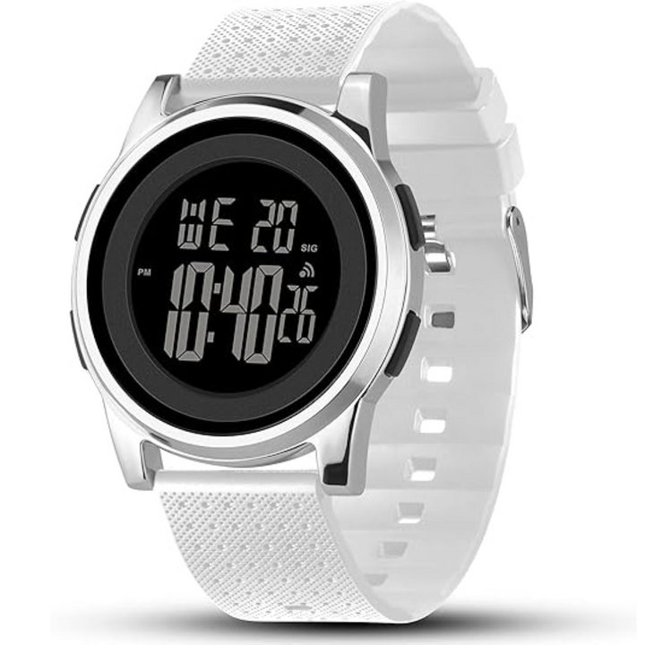 Close-up of a modern men's ultra-thin digital sports watch with LED display.