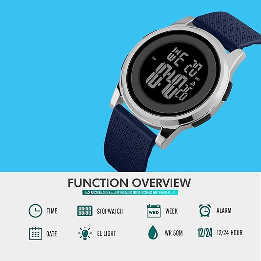 Close-up of the LED display on a men's ultra-thin digital chronograph watch.