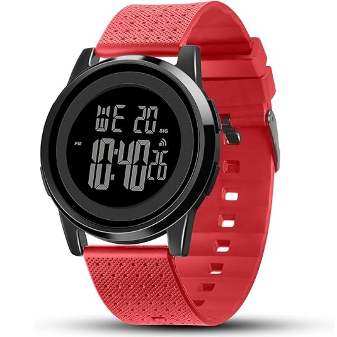 Stylish men's digital watch with chronograph and LED display, ideal for sports.