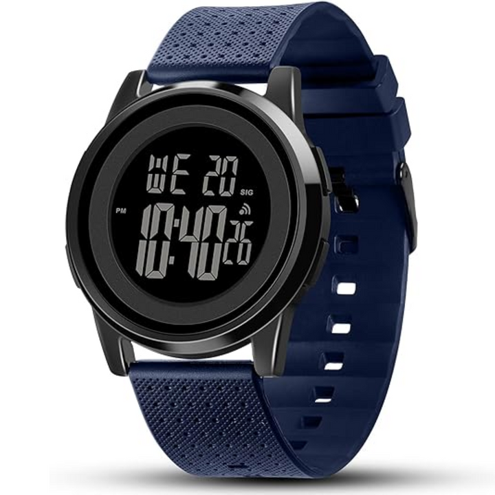 Sleek men's digital sports watch, black band, clear LED display, an essential accessory.