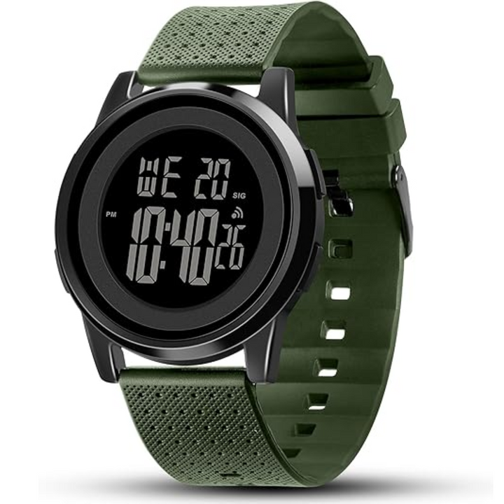 Men's ultra-thin digital watch on wrist, showcasing its modern and slim profile.