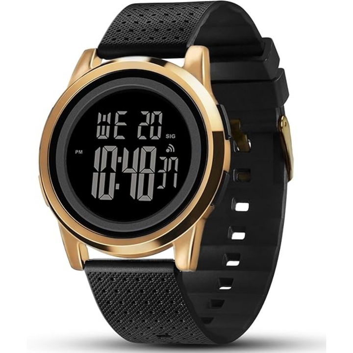 Waterproof men's sports watch with chronograph feature, bright digital LED display.