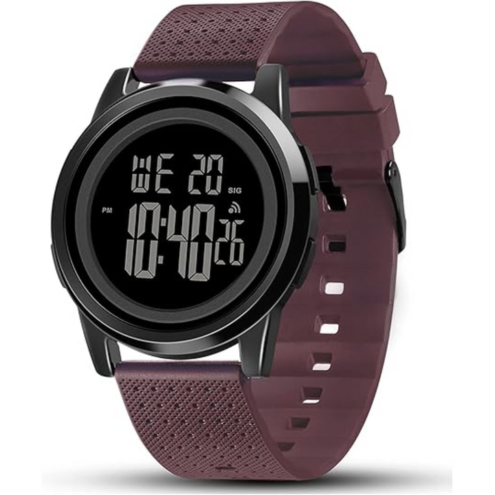 Man wearing a modern ultra-thin digital sports watch during a workout. Perfect for active men.
