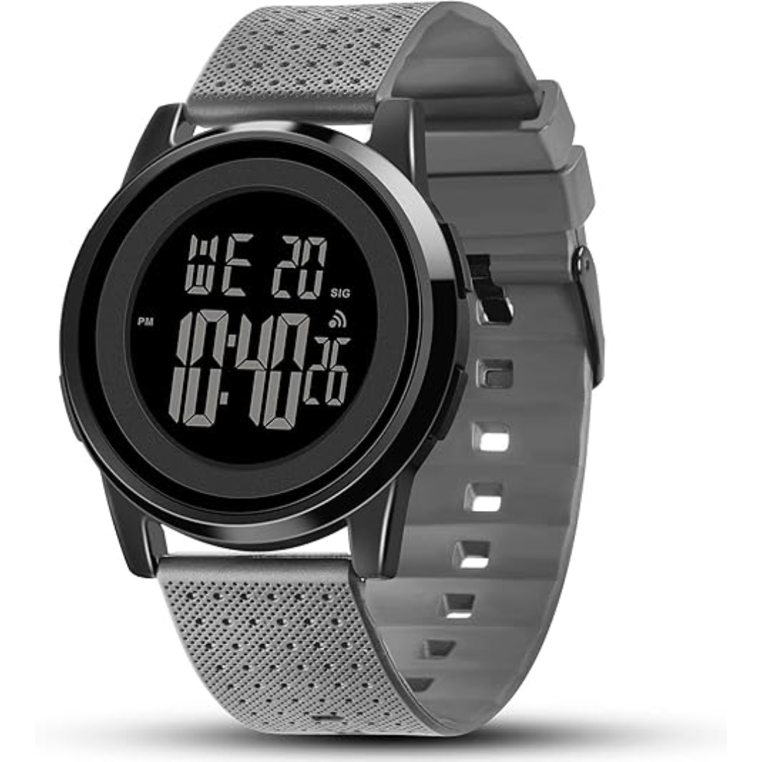High-angle view of a men's digital sports watch, highlighting its waterproof design.