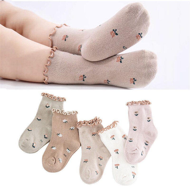 Zoomed-in texture of a children's cotton ankle sock with an intricate floral print and elastic cuff.