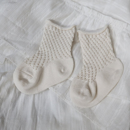 Close-up of the elastic ankle band of a kids breathable cotton mesh sock.