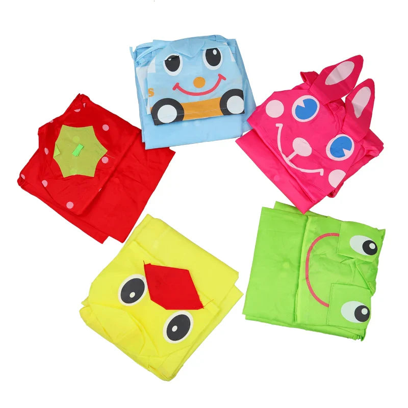 Happy kid jumping in puddles, wearing a bright cartoon animal raincoat.
