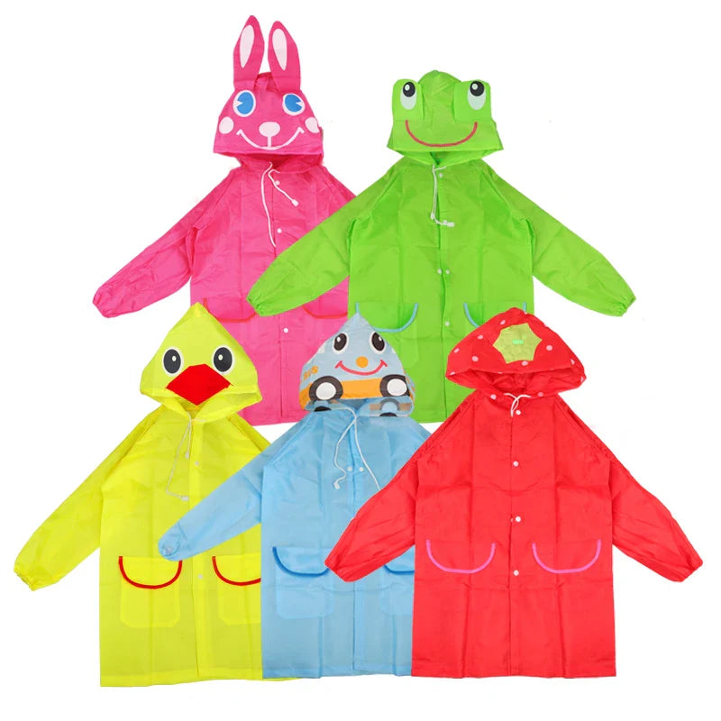 Boy wearing a dinosaur design lightweight polyester waterproof kids' rain jacket.