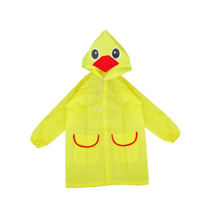 Back view of a child in a colorful waterproof animal rain poncho for children.