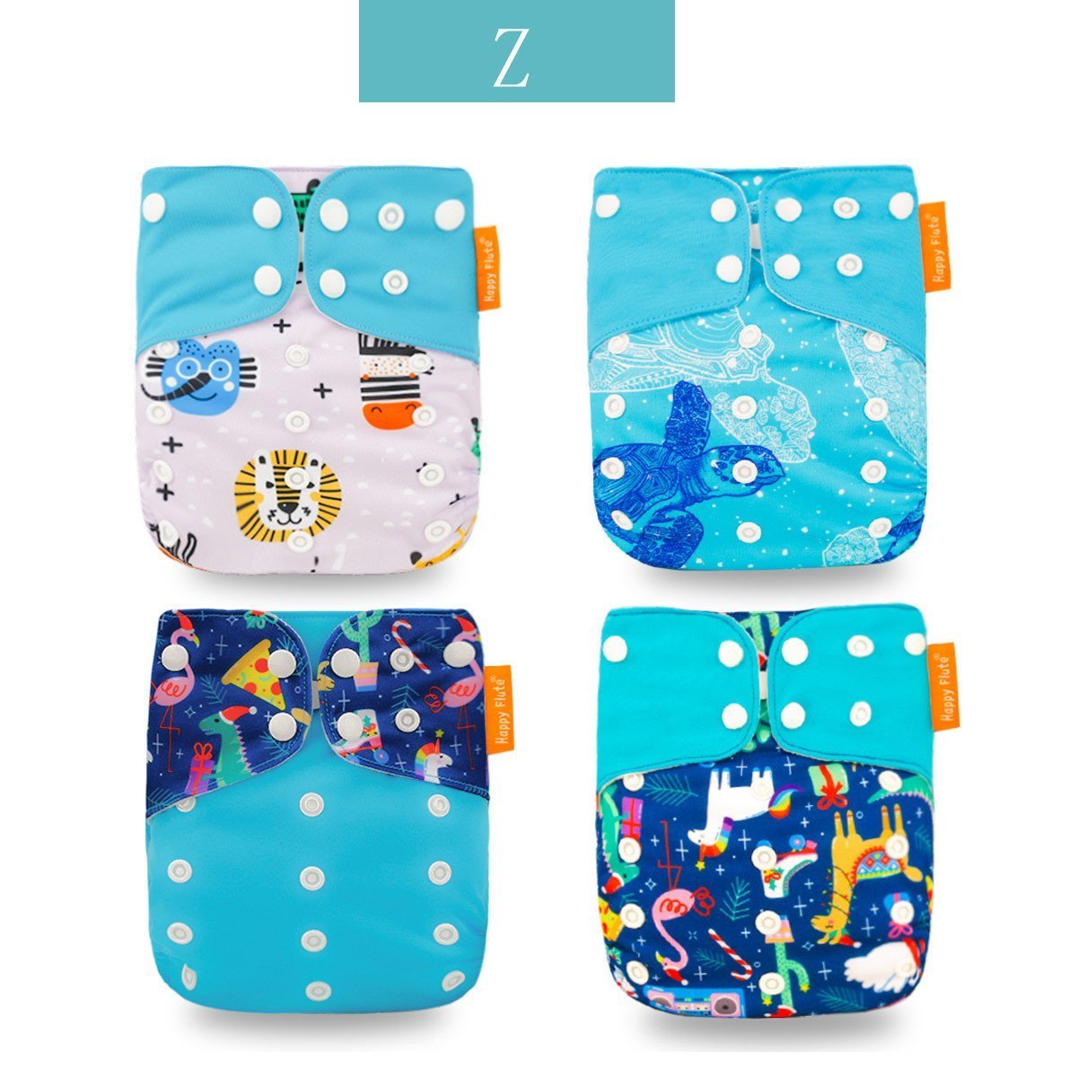 Instructional image showing how to fasten an adjustable reusable cloth diaper on a baby doll, easy to use.