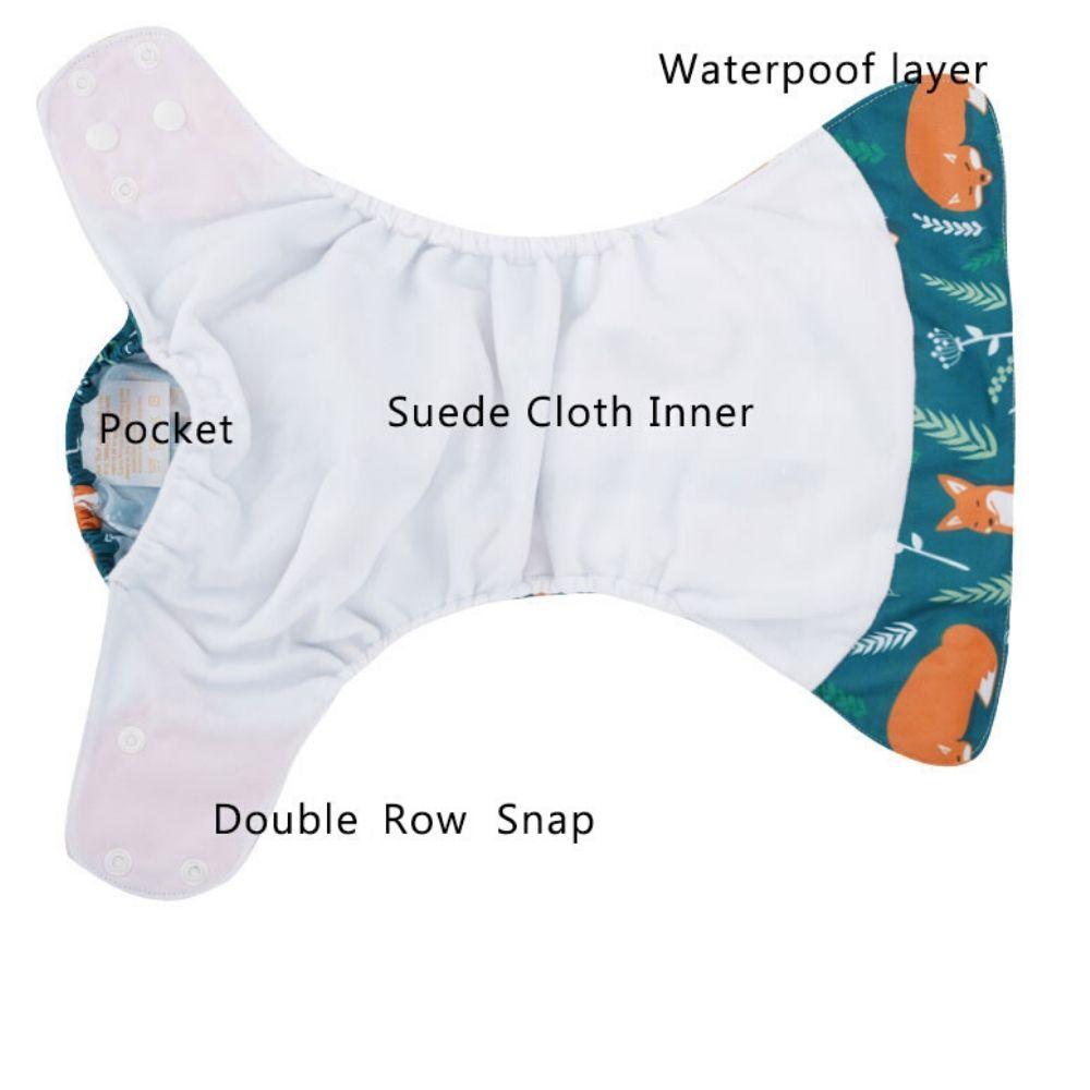 Side view of a reusable infant cloth diaper, showcasing its trim design and leak-proof leg gussets.