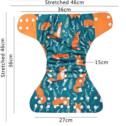 Baby wearing a print eco-friendly cloth diaper, highlighting the adjustable waist for a snug fit, sustainable baby care.