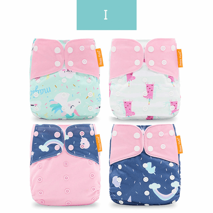 Top-down view of an adjustable baby cloth diaper spread open, displaying the snap closures and waterproof outer layer.