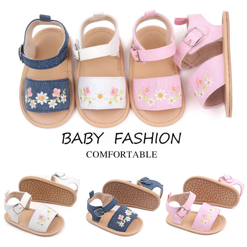 Pair of baby girl's embroidered floral cotton sandals, soft sole infant shoes for summer fashion