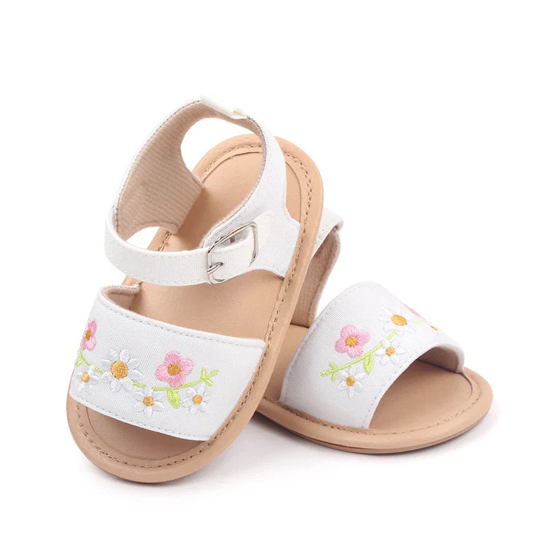 Top-down view of toddler girl's floral embroidered sandals, perfect summer footwear for baby fashion