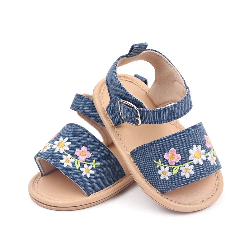 Side profile of baby girl's cotton embroidered sandals, comfortable and stylish summer footwear for infants