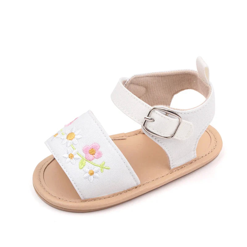 Collection of baby girl's embroidered floral sandals in various sizes, soft sole toddler shoes