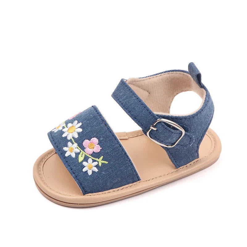Baby girl's summer sandals with soft pink floral embroidery, comfortable and fashionable infant shoes