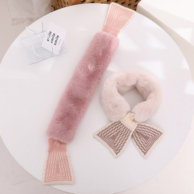 Collection of faux rabbit fur scarves for baby girls in various colors: pink, cream, white, and brown