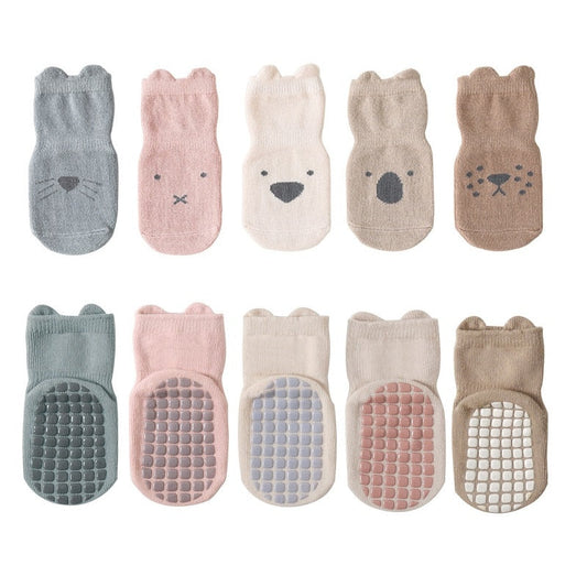 Close-up of cozy baby non-slip combed cotton toddler socks in a neutral color, perfect for infants