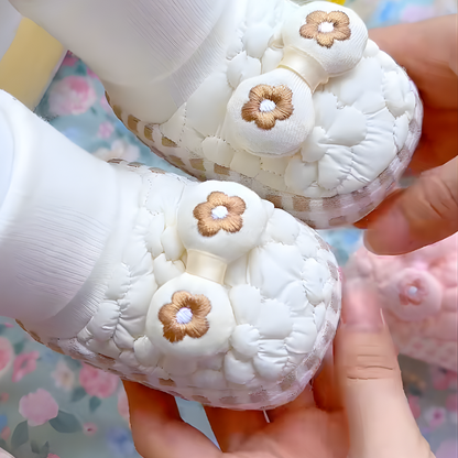 Infant baby gear: adorable plush floral cozy booties, perfect slip-on winter shoes.