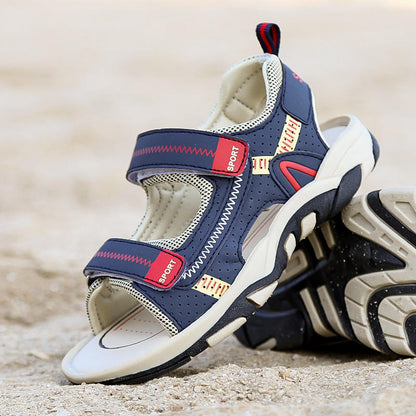 Close-up of kids' blue non-slip summer sandals with adjustable straps for active play and outdoor adventures.