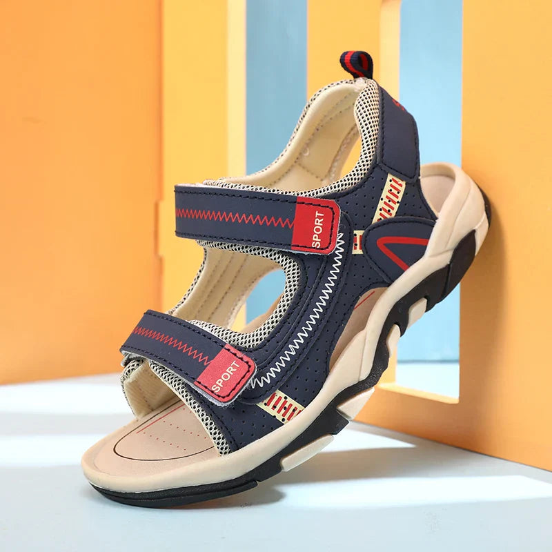 Side view of green kids' sporty non-slip summer sandals, designed for durability and comfortable outdoor play.